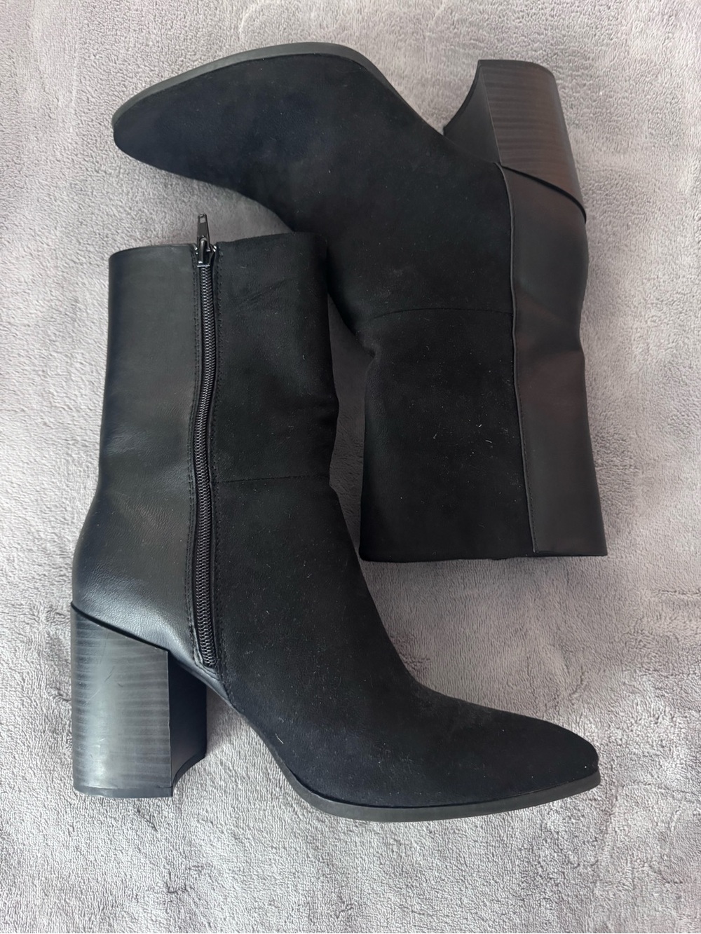 Black Suede & Leather Block Heel Ankle Boots